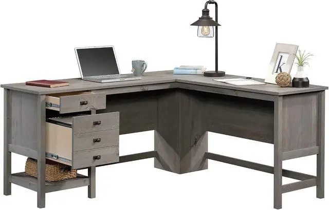 Alt view image 6 of 7 - Sauder Cottage Road L Shaped Desk Computer Desk with Drawers, Home Office Desk with Optional File Cabinet Storage, Cable Management, in Mystic Oak Finish