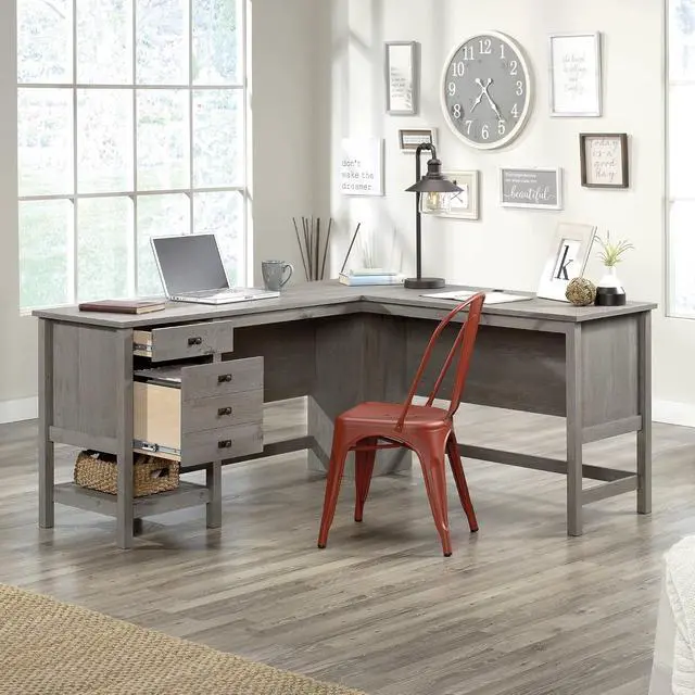 Alt view image 7 of 7 - Sauder Cottage Road L Shaped Desk Computer Desk with Drawers, Home Office Desk with Optional File Cabinet Storage, Cable Management, in Mystic Oak Finish