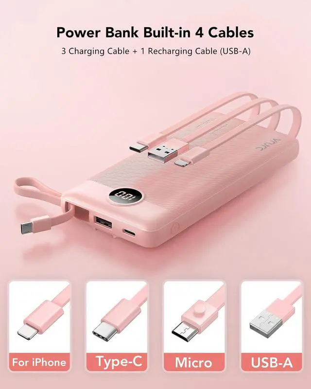 Alt view image 2 of 7 - Portable Charger Power Bank Built-in 4 Cables & 2 Ports 10000mAh Slim Battery Pack with LED Display Travel Essential USB C Portable Phone Charger for All Cell Phones Devices-Pink(1 Pack)