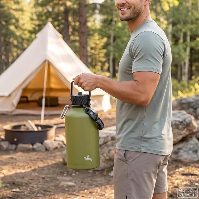 Alt view image 7 of 7 - Konokyo 128 oz Insulated Stainless Steel Water Bottle Jug with Handle | BPA-free, leak-proof water jug with 3 lids, pouch and paracord handle for gym, work, camping & outdoor hydration, ForestGreen