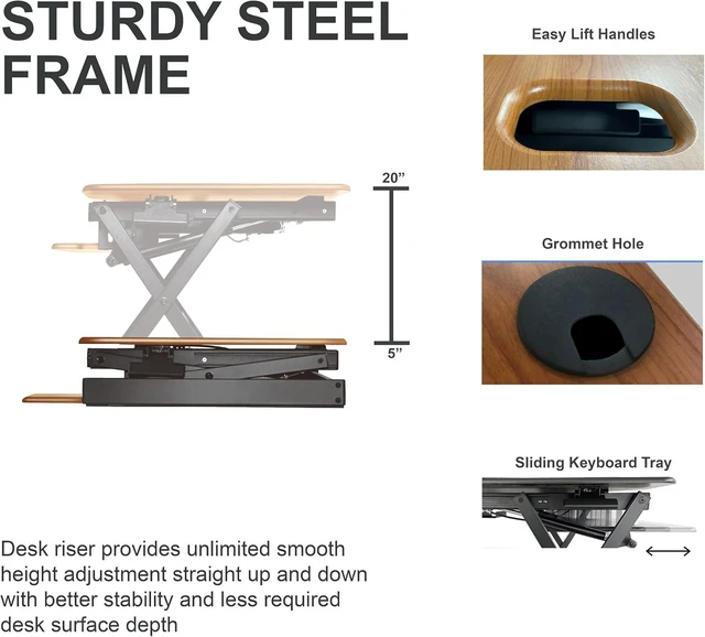 Alt view image 2 of 7 - Rocelco 46" Large Height Adjustable Standing Desk Converter - Quick Sit Stand Up Triple Monitor Riser - Gas Spring Computer Workstation - Retractable Keyboard Tray - Teak Wood Grain (R DADRT-46)