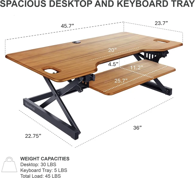 Alt view image 3 of 7 - Rocelco 46" Large Height Adjustable Standing Desk Converter - Quick Sit Stand Up Triple Monitor Riser - Gas Spring Computer Workstation - Retractable Keyboard Tray - Teak Wood Grain (R DADRT-46)