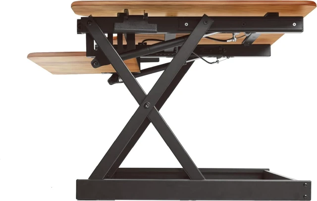 Alt view image 4 of 7 - Rocelco 46" Large Height Adjustable Standing Desk Converter - Quick Sit Stand Up Triple Monitor Riser - Gas Spring Computer Workstation - Retractable Keyboard Tray - Teak Wood Grain (R DADRT-46)