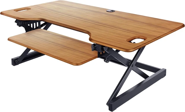 Alt view image 6 of 7 - Rocelco 46" Large Height Adjustable Standing Desk Converter - Quick Sit Stand Up Triple Monitor Riser - Gas Spring Computer Workstation - Retractable Keyboard Tray - Teak Wood Grain (R DADRT-46)