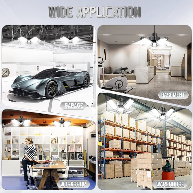 Alt view image 5 of 7 - Garage Lights 2 Pack 120W, 12000LM LED Garage Lights with 4+1 Deformable Panels 6500K Screw in LED Shop Lighting for Workshop, Basement Support E26/E27