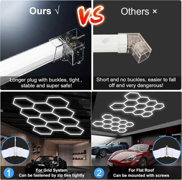 Alt view image 7 of 7 - MODERN Hexagon LED Garage Light: Higher Brightness 36720 Lumens Hexagon Garage Led Ceiling Light with 2 Rectangular Borders 6500K for Garage, Auto Beauty Shop, Car Detailing Shop etc.
