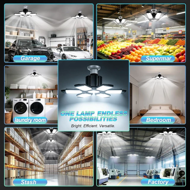 Alt view image 5 of 7 - Led Garage Lights Bulb 6 Pack 200W Super Bright Ceiling Led Shop Lights, E26/E27 Base, 6500K, 20000LM Deformable Led Garage Light for Basement, Attic and Workshop Commercial Bay Lighting