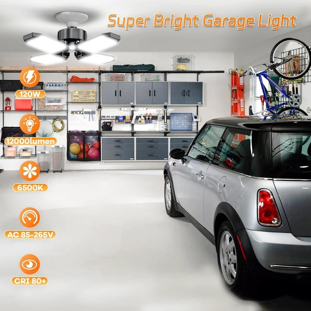 Alt view image 2 of 7 - LED Garage Lights 4 Pack, 120W 12000LM Garage Lighting 6500K with 4+1 Deformable Panels, Screw Into E26 E27 Socket, Ceiling Lighting for Shop Workshop Basement Barn Attic Bay