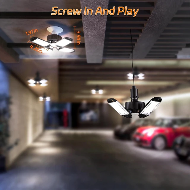 Alt view image 6 of 7 - LED Garage Lights 4 Pack, 120W 12000LM Garage Lighting 6500K with 4+1 Deformable Panels, Screw Into E26 E27 Socket, Ceiling Lighting for Shop Workshop Basement Barn Attic Bay