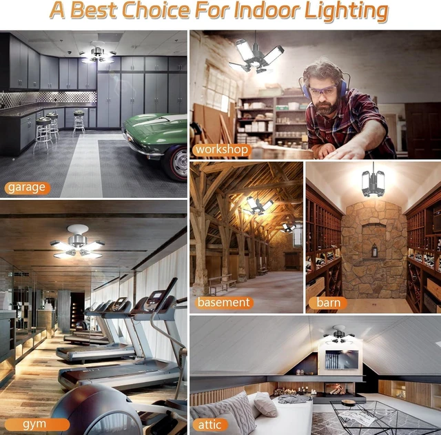 Alt view image 7 of 7 - LED Garage Lights 4 Pack, 120W 12000LM Garage Lighting 6500K with 4+1 Deformable Panels, Screw Into E26 E27 Socket, Ceiling Lighting for Shop Workshop Basement Barn Attic Bay