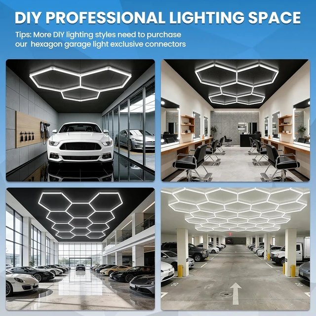 Alt view image 3 of 7 - Hexagon Garage Light with Rectangular Frame, 539W 6500K High Brightness LED Shop Light, 14-Pack Design for Garage, Workshop, Basement, Car Detailing
