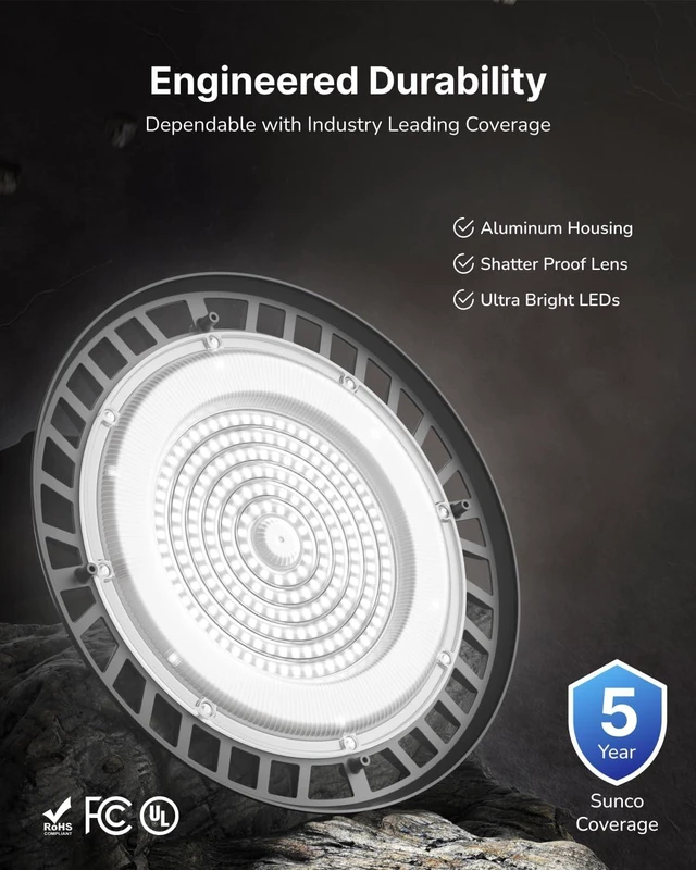 Alt view image 4 of 7 - Sunco UFO LED High Bay Light, 150W, 19500 Lumens, 5000k Ultra Bright Commercial Shop Lights for Warehouse, Factory, Workshop, Garage & Barn, Ceiling Mount, Plug & Play, 120V, UL 2 Pack