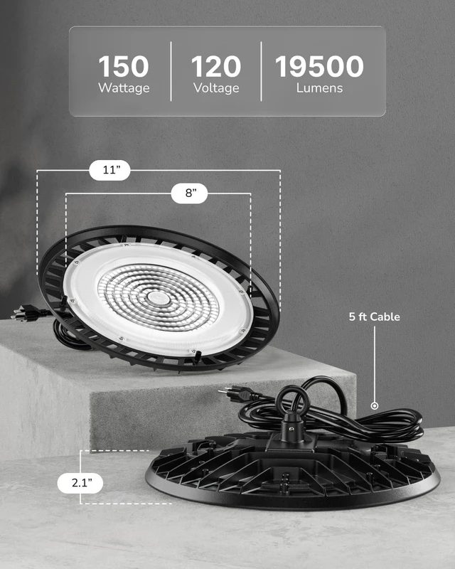 Alt view image 6 of 7 - Sunco UFO LED High Bay Light, 150W, 19500 Lumens, 5000k Ultra Bright Commercial Shop Lights for Warehouse, Factory, Workshop, Garage & Barn, Ceiling Mount, Plug & Play, 120V, UL 2 Pack