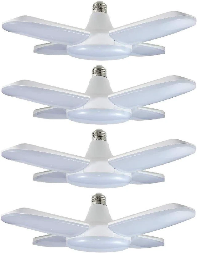 Main image of (4 Pack) LED Garage Lights, 60W Trilights Ceiling, High Low Bay Deformable Adjustable 4 Led Light Bulbs 6000LM 6000K, Screw in Tribright Garage Lighting Fixture,CRI80 Daylight