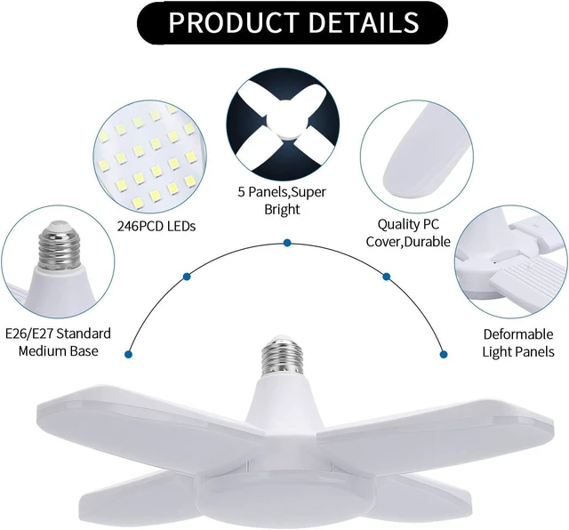 Alt view image 4 of 7 - (4 Pack) LED Garage Lights, 60W Trilights Ceiling, High Low Bay Deformable Adjustable 4 Led Light Bulbs 6000LM 6000K, Screw in Tribright Garage Lighting Fixture,CRI80 Daylight