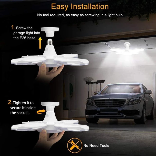 Alt view image 6 of 7 - (4 Pack) LED Garage Lights, 60W Trilights Ceiling, High Low Bay Deformable Adjustable 4 Led Light Bulbs 6000LM 6000K, Screw in Tribright Garage Lighting Fixture,CRI80 Daylight
