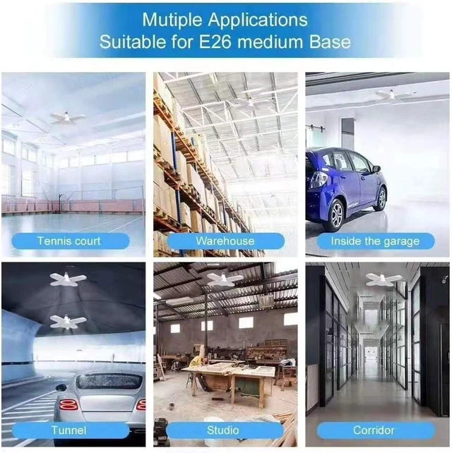 Alt view image 7 of 7 - (4 Pack) LED Garage Lights, 60W Trilights Ceiling, High Low Bay Deformable Adjustable 4 Led Light Bulbs 6000LM 6000K, Screw in Tribright Garage Lighting Fixture,CRI80 Daylight