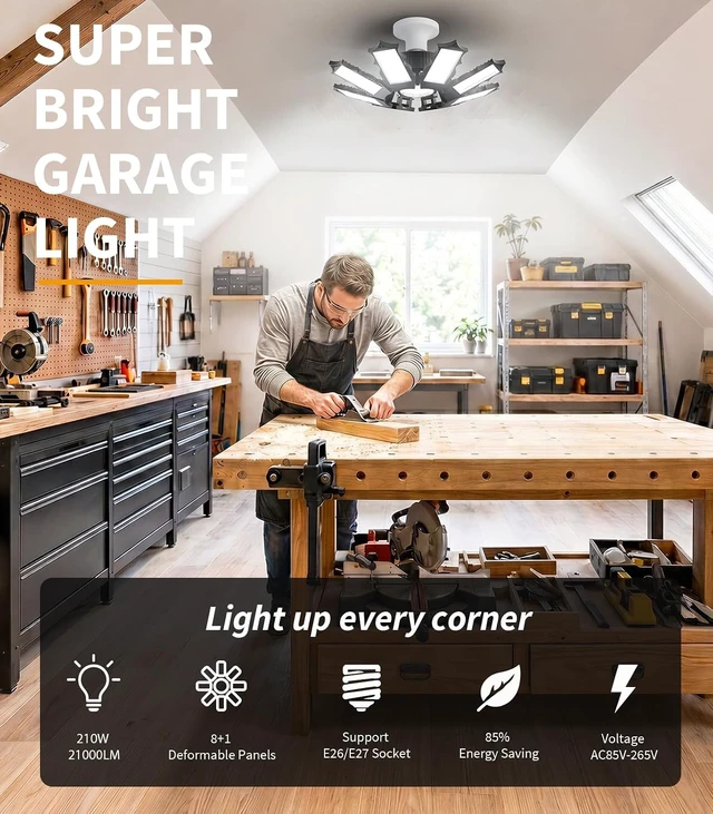 Alt view image 2 of 7 - Garage Lights, 210W, 8+1 Deformable Panels Support E26/E27,4 Pack