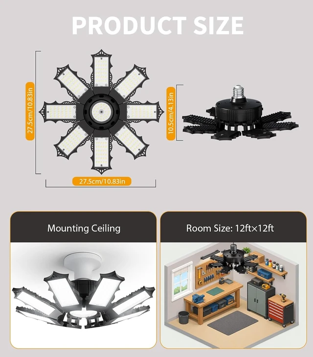 Alt view image 3 of 7 - Garage Lights, 210W, 8+1 Deformable Panels Support E26/E27,4 Pack