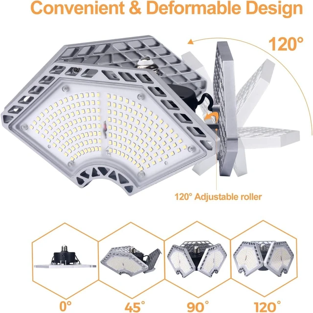 Alt view image 2 of 7 - K KERNOWO LED Garage Lights, 140W 18500 Lumens Garage Lighting, 6000K Daylight with Deformable Three Panel Ceiling Light Fixture E26/E27 Triple Glow LED Shop Light for Basement Workshop Warehouse