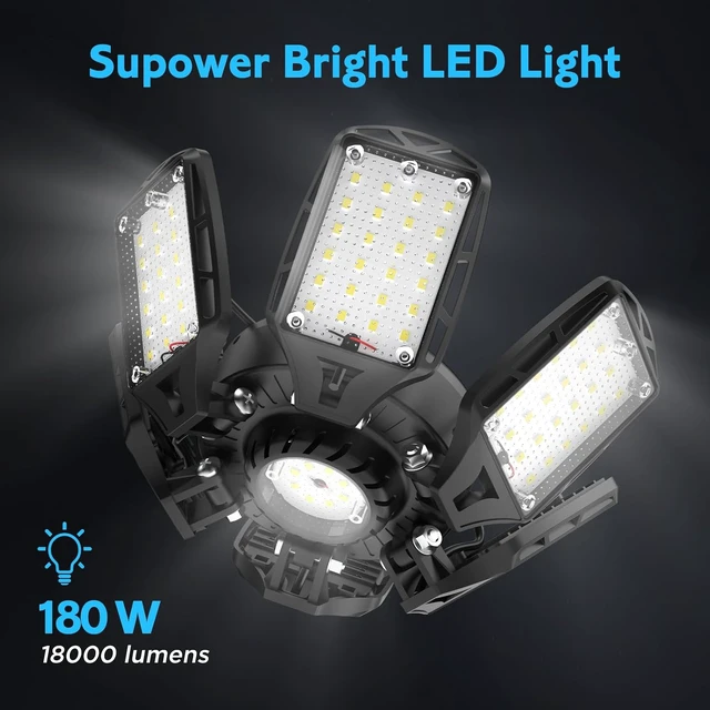 Alt view image 3 of 7 - LED Garage Lights 2 Pack, 18000LM 180W Deformable Shop Light with 6+1 Adjustable Panels, 6500K Daylight White Ceiling Light for E26 Base, Ideal for Garage/Basement/Barn