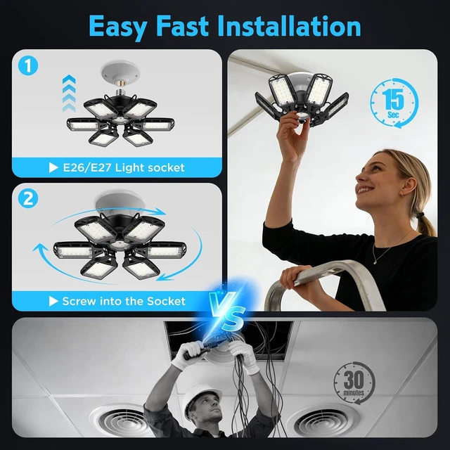 Alt view image 5 of 7 - LED Garage Lights 2 Pack, 18000LM 180W Deformable Shop Light with 6+1 Adjustable Panels, 6500K Daylight White Ceiling Light for E26 Base, Ideal for Garage/Basement/Barn