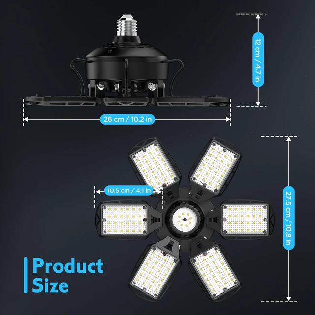 Alt view image 6 of 7 - LED Garage Lights 2 Pack, 18000LM 180W Deformable Shop Light with 6+1 Adjustable Panels, 6500K Daylight White Ceiling Light for E26 Base, Ideal for Garage/Basement/Barn