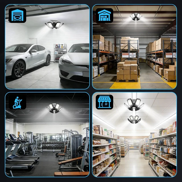 Alt view image 7 of 7 - LED Garage Lights 2 Pack, 18000LM 180W Deformable Shop Light with 6+1 Adjustable Panels, 6500K Daylight White Ceiling Light for E26 Base, Ideal for Garage/Basement/Barn