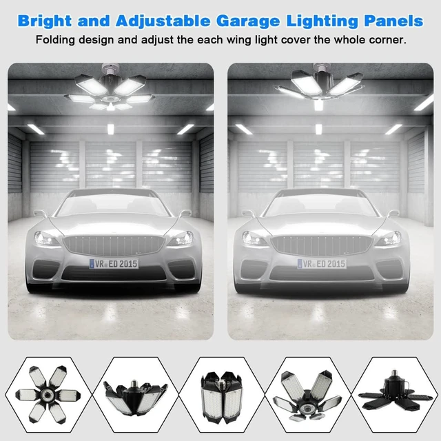 Alt view image 3 of 7 - LED Garage Light - 160W LED Garage Ceiling Lights 16000LM Super Bright Garage Lighting with 6 Deformable Panels E26/E27 Screw in Led Shop Lights for Basement Workshop Warehouse Attic