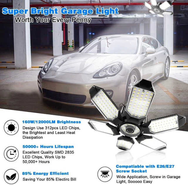 Alt view image 2 of 7 - LED Garage Light - 160W LED Garage Ceiling Lights 16000LM Super Bright Garage Lighting with 6 Deformable Panels E26/E27 Screw in Led Shop Lights for Basement Workshop Warehouse Attic