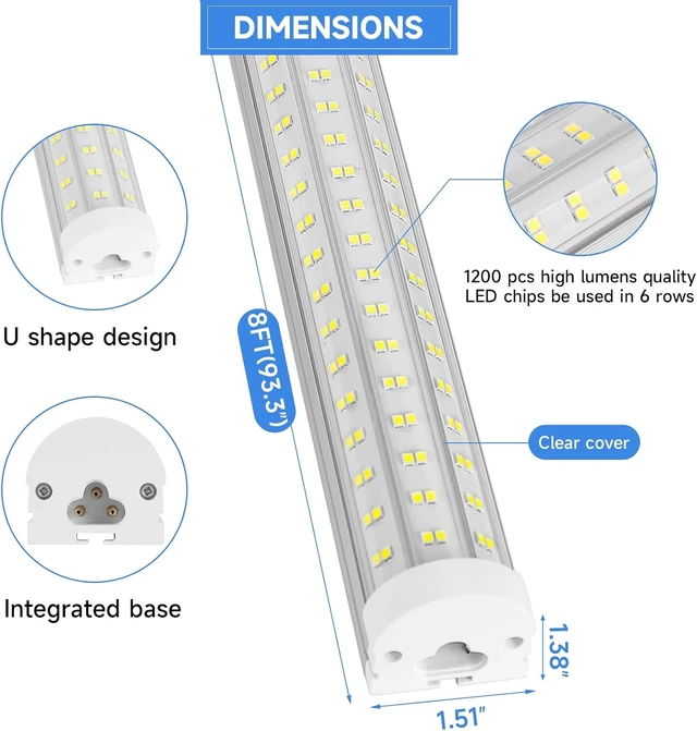 Alt view image 4 of 7 - Phiwicsh 8FT U Shape 125W Integrated Tube Bright LED Light, 6500K Clear White, 20000LM - Flush Mount/Hanging Linkable LED Ceiling Lights for Garage, Plug&Play, 6 Pack