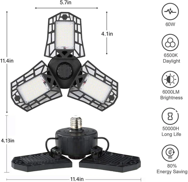 Alt view image 6 of 6 - Deformable LED Garage Light - 6000 Lumen 6500K Daylight 60W, Three Leaf Garage Organization Ceiling Lighting, Pack of 2