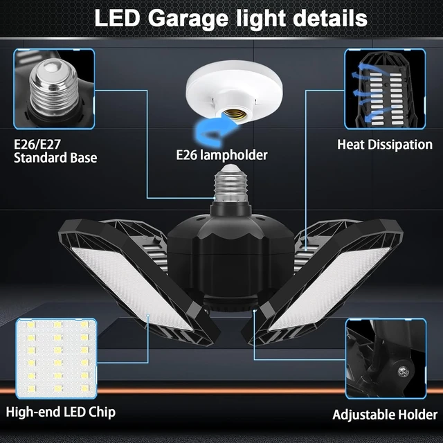 Alt view image 2 of 6 - 2 Pack LED Garage Light, 150W 15000LM 6500K LED Shop Lights, Garage Lights Ceiling Led with 4 Deformable Panels, Screw in E26/E27 Bulb Socket for Warehouse, Basement, Attic, Barn, High Bay Lighting