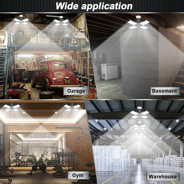 Alt view image 6 of 6 - 2 Pack LED Garage Light, 150W 15000LM 6500K LED Shop Lights, Garage Lights Ceiling Led with 4 Deformable Panels, Screw in E26/E27 Bulb Socket for Warehouse, Basement, Attic, Barn, High Bay Lighting
