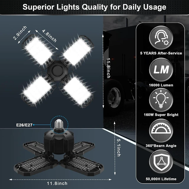 Alt view image 4 of 6 - 2 Pack LED Garage Light, 150W 15000LM 6500K LED Shop Lights, Garage Lights Ceiling Led with 4 Deformable Panels, Screw in E26/E27 Bulb Socket for Warehouse, Basement, Attic, Barn, High Bay Lighting
