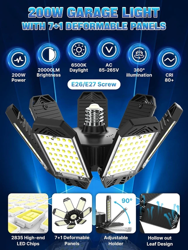 Alt view image 2 of 7 - LED Garage Light 200W, 2 Pack 20000LM Bright Garage Lights Ceiling Led with 7 Adjustable Panels, 6500K Shop Lighting Screw in E26/E27 Bulb Socket, LED Lights for Shop Barn Basement Bay
