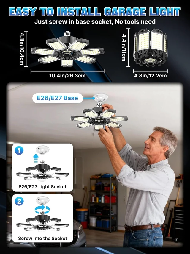Alt view image 6 of 7 - LED Garage Light 200W, 2 Pack 20000LM Bright Garage Lights Ceiling Led with 7 Adjustable Panels, 6500K Shop Lighting Screw in E26/E27 Bulb Socket, LED Lights for Shop Barn Basement Bay