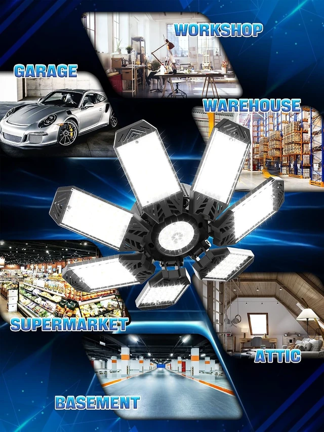 Alt view image 7 of 7 - LED Garage Light 200W, 2 Pack 20000LM Bright Garage Lights Ceiling Led with 7 Adjustable Panels, 6500K Shop Lighting Screw in E26/E27 Bulb Socket, LED Lights for Shop Barn Basement Bay