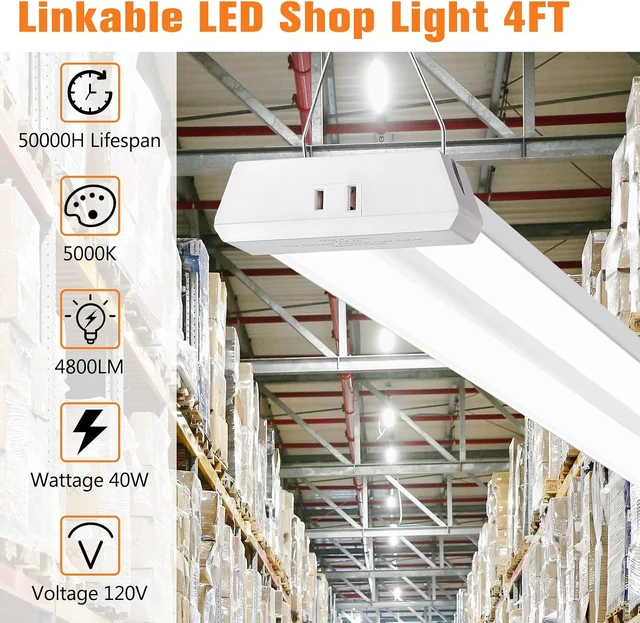 Alt view image 2 of 7 - 4FT Linkable LED Shop Light for Garages, 42W 4800LM 5000K Daylight White LED Ceiling Light, with Pull Chain (ON/Off), Linear Worklight Fixture, 4 Pack