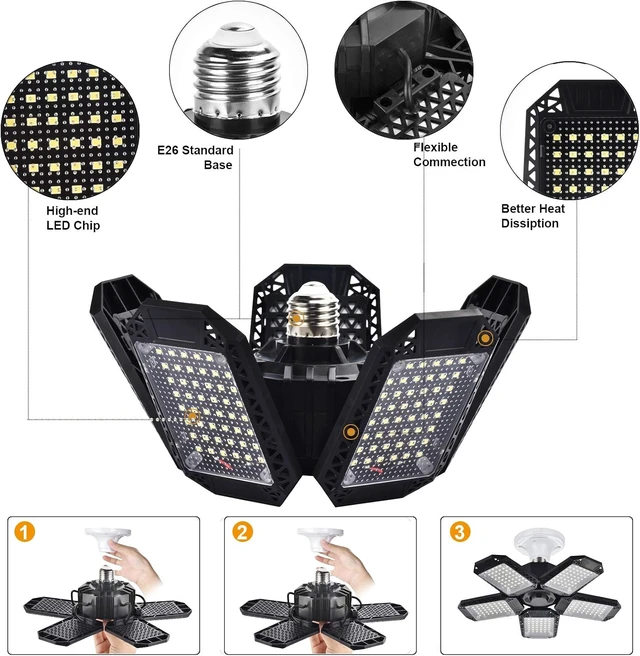 Alt view image 3 of 7 - Mefflypee LED Garage Lights, 120W Deformable LED Garage Ceiling Light with 5 Adjustable Panels, 12000LM E26 Shop Lamp for Basement, Barn, High Bay, Store (2 Pack)