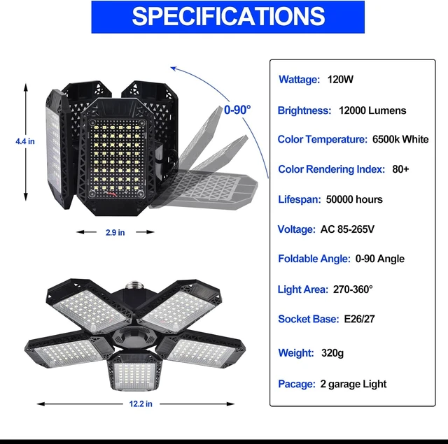 Alt view image 7 of 7 - Mefflypee LED Garage Lights, 120W Deformable LED Garage Ceiling Light with 5 Adjustable Panels, 12000LM E26 Shop Lamp for Basement, Barn, High Bay, Store (2 Pack)