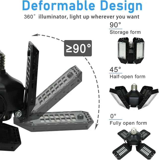 Alt view image 2 of 7 - 2-Pack LED Garage Light,150W Deformable Garage Ceiling Lights,15000LM, 4 Adjustable Panels, E26/E27 Shop Lights for Basement, Barn, Workshop,High Bay Light