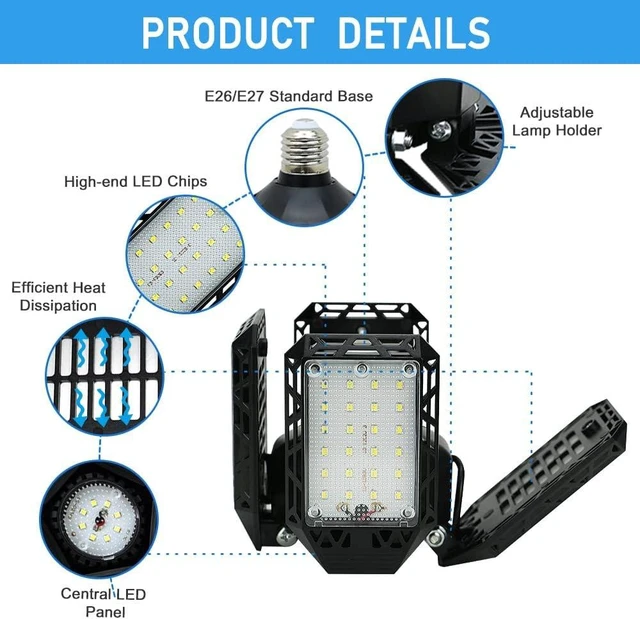 Alt view image 3 of 7 - 2-Pack LED Garage Light,150W Deformable Garage Ceiling Lights,15000LM, 4 Adjustable Panels, E26/E27 Shop Lights for Basement, Barn, Workshop,High Bay Light