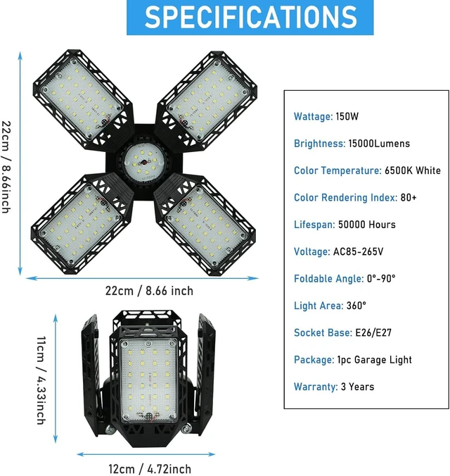 Alt view image 4 of 7 - 2-Pack LED Garage Light,150W Deformable Garage Ceiling Lights,15000LM, 4 Adjustable Panels, E26/E27 Shop Lights for Basement, Barn, Workshop,High Bay Light