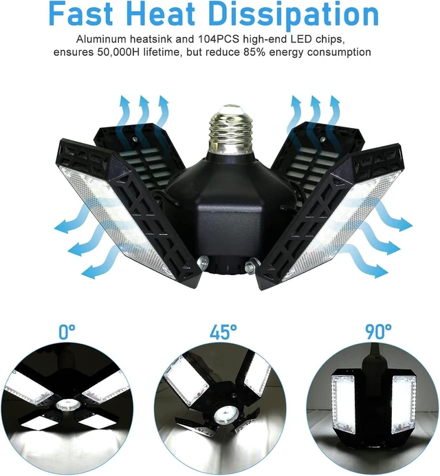 Alt view image 6 of 7 - 2-Pack LED Garage Light,150W Deformable Garage Ceiling Lights,15000LM, 4 Adjustable Panels, E26/E27 Shop Lights for Basement, Barn, Workshop,High Bay Light