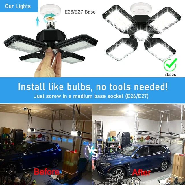 Alt view image 5 of 7 - 2-Pack LED Garage Light,150W Deformable Garage Ceiling Lights,15000LM, 4 Adjustable Panels, E26/E27 Shop Lights for Basement, Barn, Workshop,High Bay Light