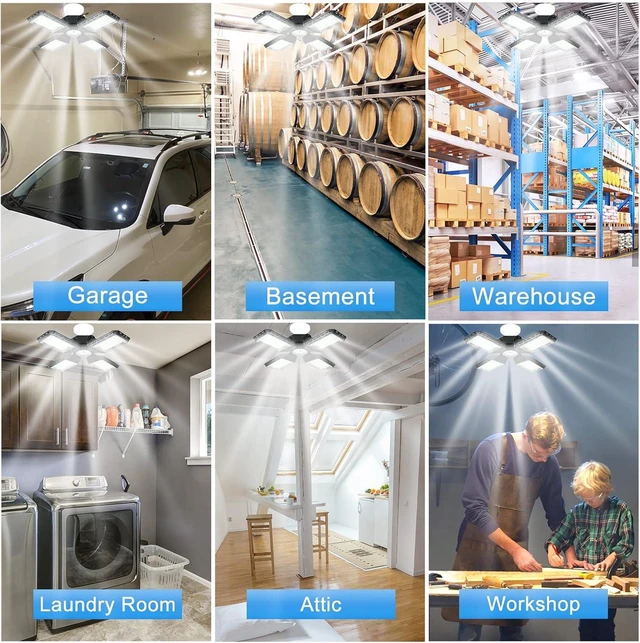 Alt view image 7 of 7 - 2-Pack LED Garage Light,150W Deformable Garage Ceiling Lights,15000LM, 4 Adjustable Panels, E26/E27 Shop Lights for Basement, Barn, Workshop,High Bay Light