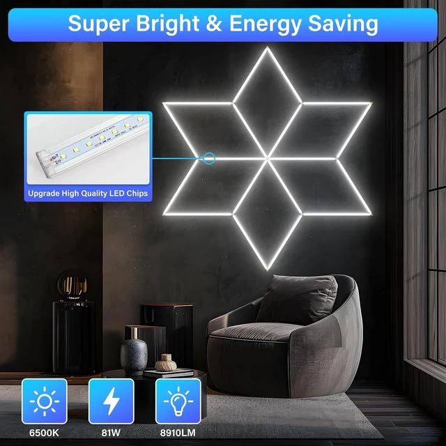 Alt view image 2 of 7 - Hexagon LED Lights - Super Bright 8910LM Hex Lights - 6500K Cool White Aluminum Garage Lighting for Workshop, Shop Lights, Home Gym, Basement, Studio & Warehouse