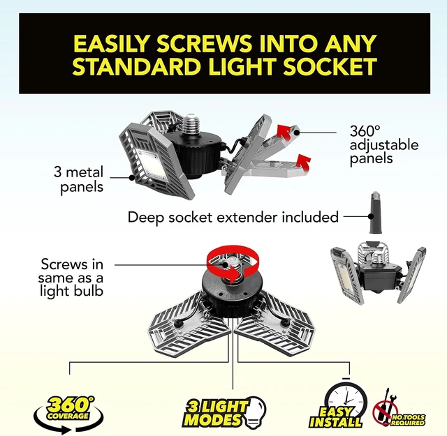 Alt view image 3 of 7 - Bell+Howell Triburst Color Select LED Garage Light, 5500 Lumen 3000k/4500k/5500k LED Garage Ceiling Lights, Screw in LED Garage Lights, Bright LED Lights for Garage with 3 Mobile Panels As Seen on Tv