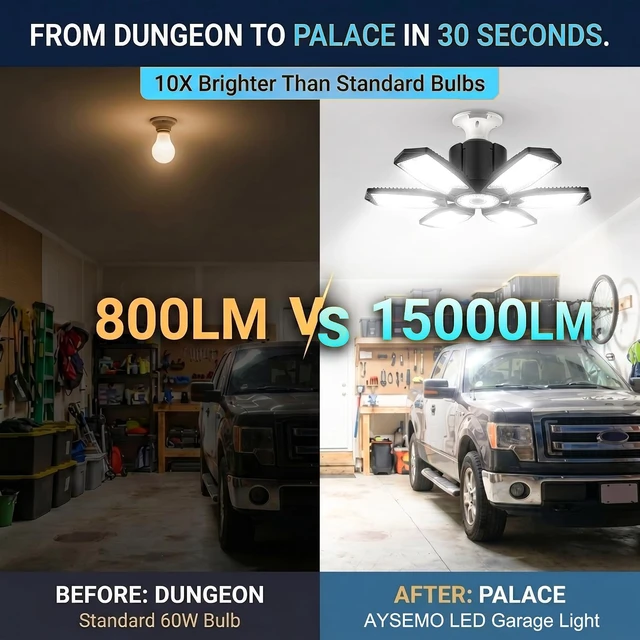 Alt view image 2 of 6 - 150W LED Garage Lights, 15000LM Super Bright Light Bulb for Garage Ceiling Lights, 6 Deformable Panels LED Shop Lights, E26/E27 Screw in Garage Lighting for Basement Workshop Barn